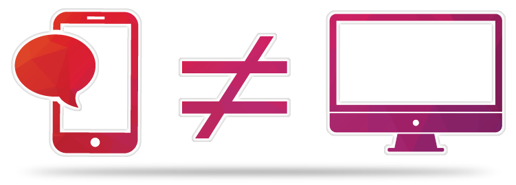 icon smartphone with speech bubble and computer monitor icon with a "is not equal to" symbol inbetween